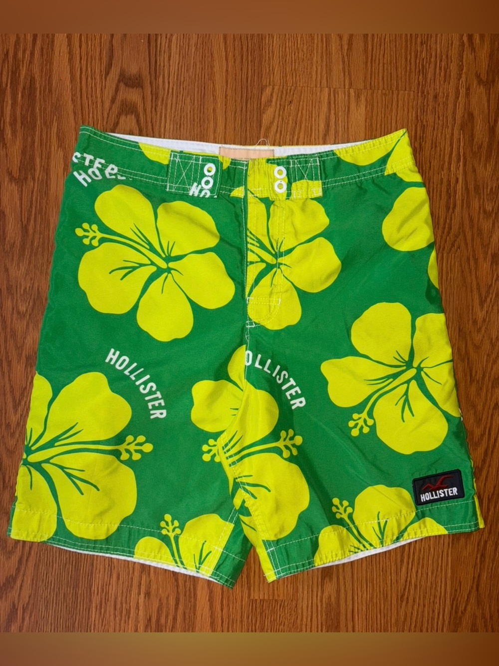Hollister vintage Y2K Green Swim Shorts with Yellow Hibiscus Print